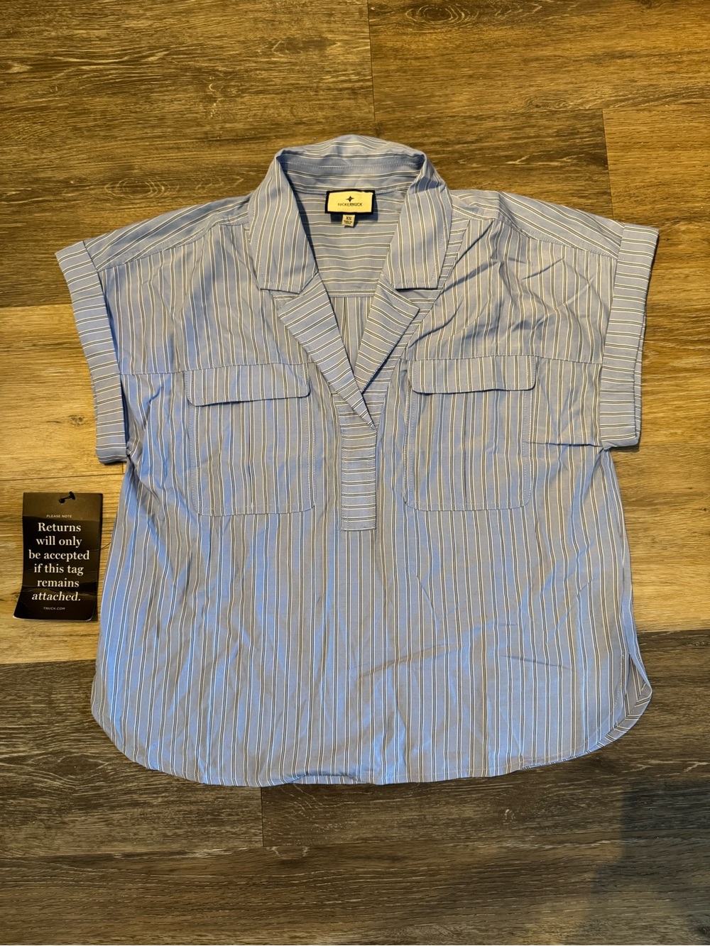 Tuckernuck Light Blue Striped Notch-V Pullover Blouse